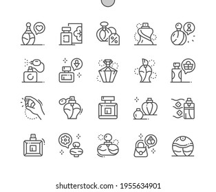 Perfume. Women's and man's perfume. Discount perfume. Aromatic, odor, freshness, cosmetic and perfumery. Pixel Perfect Vector Thin Line Icons. Simple Minimal Pictogram