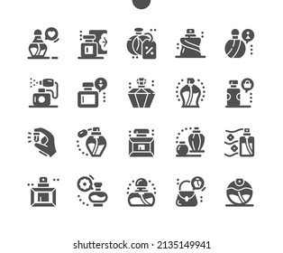 Perfume. Women's and man's perfume. Discount perfume. Aromatic, odor, freshness, cosmetic and perfumery. Vector Solid Icons. Simple Pictogram