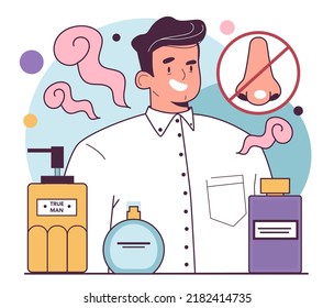 Perfumed body products. Hygiene and fragrance for good body smell, personal care. Excessive sweating or hyperhidrosis prevention. Sweat smell coverage. Flat vector illustration