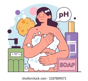 Perfumed body products. Hygiene and fragrance for good body smell, personal care. Excessive sweating or hyperhidrosis prevention. Young female character taking a shower. Flat vector. 3D Illustration