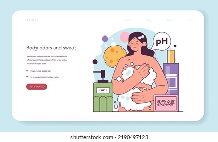 Perfumed body products. Hygiene and fragrance for good body smell, personal care. Excessive sweating or hyperhidrosis prevention. Young female character taking a shower. Flat vector. 3D Illustration