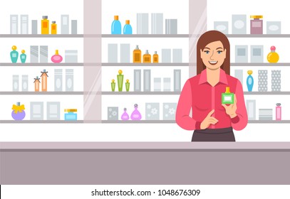 Perfumer girl near shelves with perfumes. Young woman seller offering bottle with new aroma at the counter of a perfume shop. Cosmetic store vector cartoon background