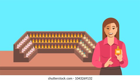 Perfumer near a perfume organ. Young woman holding spray with new custom made aroma composition near shelves with perfume mixtures in different glass bottles. Perfumery vector cartoon background