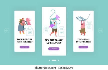 Perfumers Prepare Flowers and Herbs for Making Fragrance Mobile App Page Onboard Screen Set. Aroma Scents, Perfume Cosmetics Industry Concept for Website or Web Page, Cartoon Flat Vector Illustration