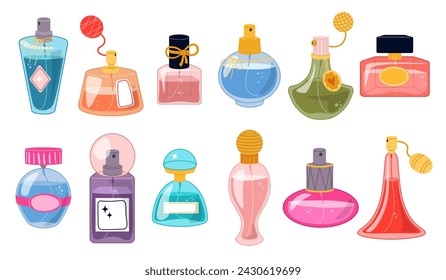 Perfumery bottles. Various designs glass vials. Fragrant toilet waters. Luxury female perfume. Male cosmetics. Pleasant smell. Spray phials. Beauty product packages