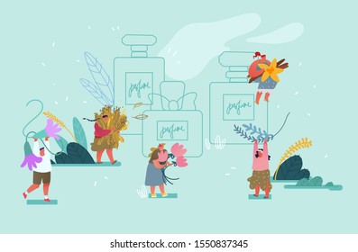 Perfumery Composition Creation. Tiny Male and Female Perfumers Create New Perfume Fragrance. People Bring Aroma Ingredients to Huge Sprayer Bottle with Toilet Water. Cartoon Flat Vector Illustration