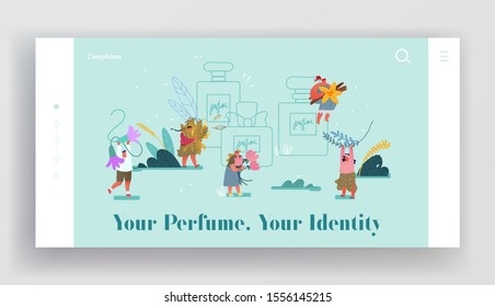 Perfumery Composition Creation Website Landing Page. Perfumers Create New Perfume Fragrance. People Bring Aroma Ingredients to Huge Sprayer Bottle Web Page Banner. Cartoon Flat Vector Illustration