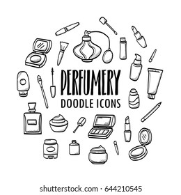 Perfumery and cosmetics doodle icons. Make up hand drawn icons.