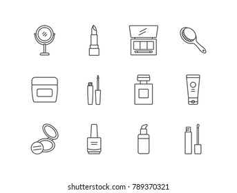 Perfumery and cosmetics line icons set with makeup mirror, lipstick, eyeshadow, hair brush, cream jar, mascara, powder, nail polish, foundation.