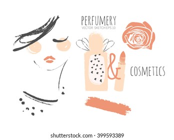 Perfumery and Cosmetics. Make up. Perfume bottles, rose, lipstick, smear. Fashion portrait drawing sketch. Fashion beauty background. Beauty elements set.