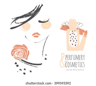 Perfumery and Cosmetics. Make up. Perfume bottles, rose, lipstick, smear. Fashion portrait drawing sketch. Fashion beauty background. Beauty elements set.