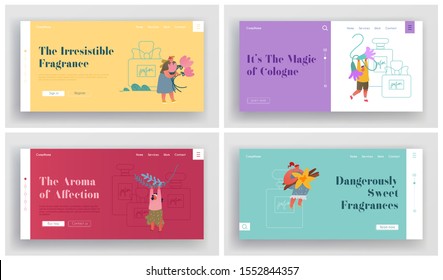 Perfumery and Fragrance Making Website Landing Page Set. Young People Perfumers Preparing Herbs and Flowers Ingredients for Make Perfume Composition Web Page Banner. Cartoon Flat Vector Illustration