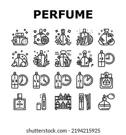 perfumery glass luxury cosmetic icons set vector. perfume woman beauty, aroma product, scent water, fashion smell, essence flask perfumery glass luxury cosmetic black contour illustrations