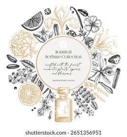 Perfumery ingredients wreath design. Aromatic plants and flowers hand drawn vector illustration. Gift card, floral invitation, book cover, flyer template. NOT AI generated