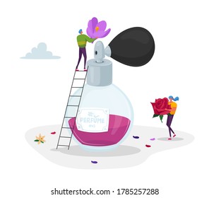 Perfumery Production. Tiny Perfumer Characters Holding Huge Flowers Ingredients for Creating New Perfume Composition. Floral Fragrance Toilet Water, Aroma Cosmetics. Cartoon People Vector Illustration
