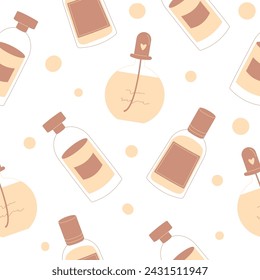 Perfumery seamless pattern. Fragrance endless background. Beauty and fashion cosmetic repeat cover. Vector flat illustration.