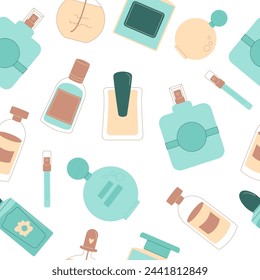 Perfumery seamless pattern. Fragrance endless background. Beauty and fashion cosmetic repeat cover. Vector flat illustration.