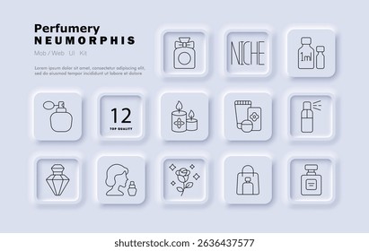 Perfumery set icon. Atomizer, candle, niche bottle, mini sample, cosmetics, scented cream, woman with fragrance, rose, triangle notes, shopping, elegance, oil.
