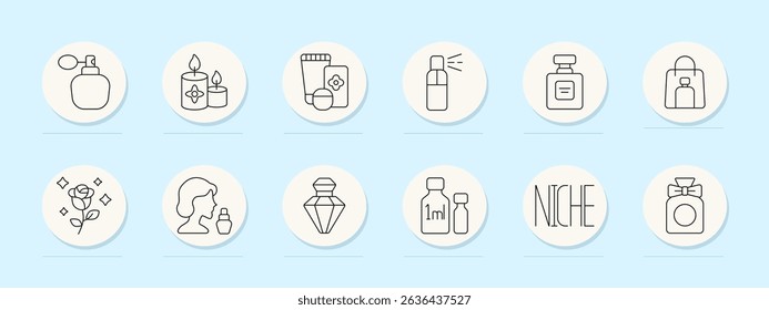 Perfumery set icon. Atomizer, candles, body care, spray bottle, perfume flask, gift bag, rose flower, face, crystal bottle, sample vials, fragrance label, elegant packaging.