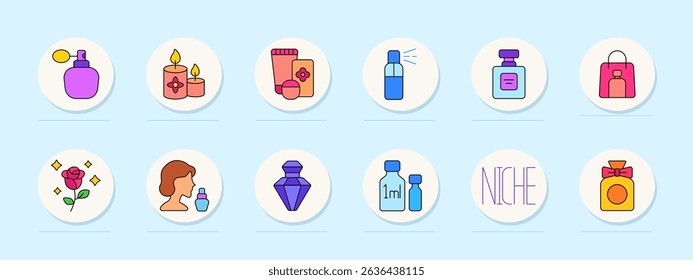Perfumery set icon. Atomizer, candles, cosmetics, spray, flacon, gift bag, rose, woman, crystal bottle, sample set, niche fragrance, bow, scent, presentation, skincare.