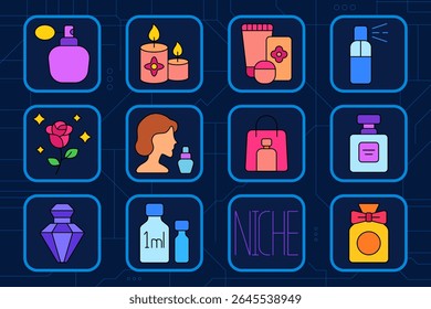 Ícone do conjunto de perfumaria. Atomizador, velas, conjunto cosmético, frasco de spray, rosa, mulher com cheiro, saco de presente, frasco de perfume, fragrância de nicho, frascos de 1ml, frasco decorativo.