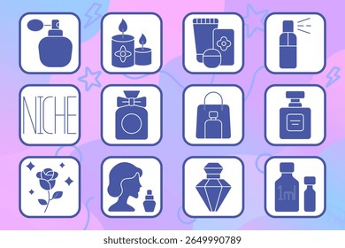 Ícone do conjunto de perfumaria. Atomizador, velas, linha cosmética, névoa, etiqueta de nicho, perfume de presente, saco de compras, design de garrafa, rosa, mulher com perfume, garrafa de luxo, frasco de 1ml.