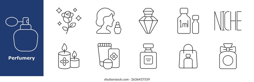 Perfumery set icon. Atomizer, rose, woman with vial, crystal flacon, sample bottle, niche text, aroma candles, skincare tubes, scent bottle, shopping bag, luxury packaging, beauty product.