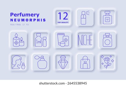 Ícone do conjunto de perfumaria. Garrafas, fragrância de nicho, óleos de aroma, mulher com perfume, flacons de luxo, testadores, embalagem, velas, notas florais, acessórios, linha cosmética, elegância, mercado de perfume.