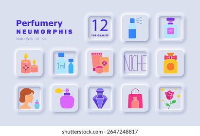 Ícone do conjunto de perfumaria. Garrafas, fragrância de nicho, óleos de aroma, mulher com perfume, flacons de luxo, testadores, embalagem, velas, notas florais, acessórios, linha cosmética, elegância, mercado de perfume.