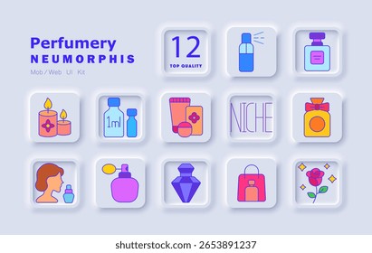 Perfumery set icon. Bottles, niche fragrance, aroma oils, woman with perfume, luxury flacons, testers, packaging, candles, floral notes, accessories, cosmetic line, elegance, scent market.