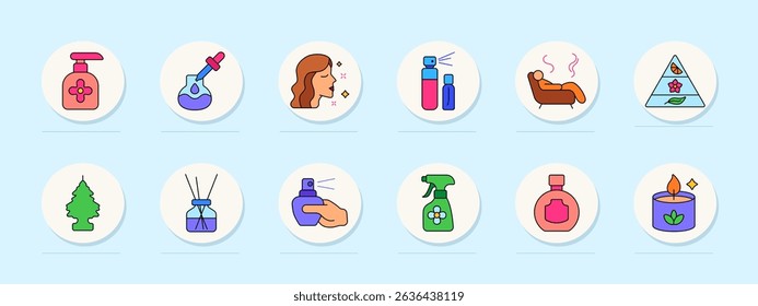 Perfumery set icon. Dispenser, pipette, smell, woman face, duo bottle, sofa, pyramid, tree scent, diffuser, hand spray, home fragrance, bottle, candle, floral base, notes.