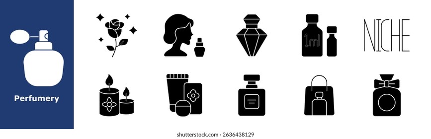 Perfumery set icon. Flacon, sparkling rose, woman with atomizer, faceted bottle, 1ml sample, minimal label, spa candles, tubes, round perfume, pink bag, decorative bow, luxury fragrance.