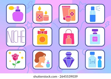 Ícone do conjunto de perfumaria. Fragrância garrafa, cheiro de nicho, linha cosmética, velas, garrafa de spray, saco de compras, testador, rosa, elegância, mulher com perfume, amostra, design floral.