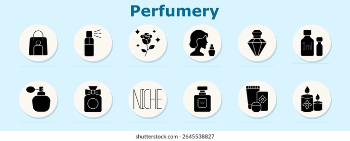 Ícone do conjunto de perfumaria. Mostra saco de compras, frasco de spray, aroma de rosa, perfil com perfume, garrafa de gema, frascos de mililitro, atomizador, garrafa de arco, etiqueta de nicho, garrafa quadrada, caixa do produto, velas perfumadas