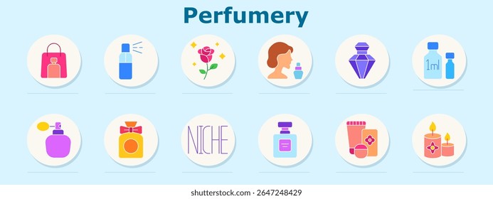 Ícone do conjunto de perfumaria. Mostra saco de compras, frasco de spray, aroma de rosa, perfil com perfume, garrafa de gema, frascos de mililitro, atomizador, garrafa de arco, etiqueta de nicho, garrafa quadrada, caixa do produto, velas perfumadas