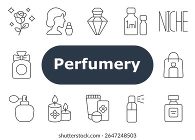 Ícone do conjunto de perfumaria. Mostra saco de compras, frasco de spray, aroma de rosa, perfil com perfume, garrafa de gema, frascos de mililitro, atomizador, garrafa de arco, etiqueta de nicho, garrafa quadrada, caixa do produto, velas perfumadas