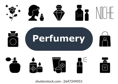 Ícone do conjunto de perfumaria. Mostra saco de compras, frasco de spray, aroma de rosa, perfil com perfume, garrafa de gema, frascos de mililitro, atomizador, garrafa de arco, etiqueta de nicho, garrafa quadrada, caixa do produto, velas perfumadas