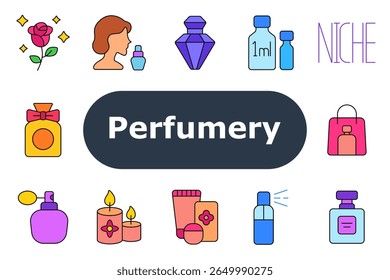 Ícone do conjunto de perfumaria. Mostra saco de compras, frasco de spray, aroma de rosa, perfil com perfume, garrafa de gema, frascos de mililitro, atomizador, garrafa de arco, etiqueta de nicho, garrafa quadrada, caixa do produto, velas perfumadas