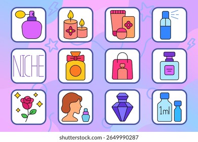 Ícone do conjunto de perfumaria. Mostra saco de compras, frasco de spray, aroma de rosa, perfil com perfume, garrafa de gema, frascos de mililitro, atomizador, garrafa de arco, etiqueta de nicho, garrafa quadrada, caixa do produto, velas perfumadas