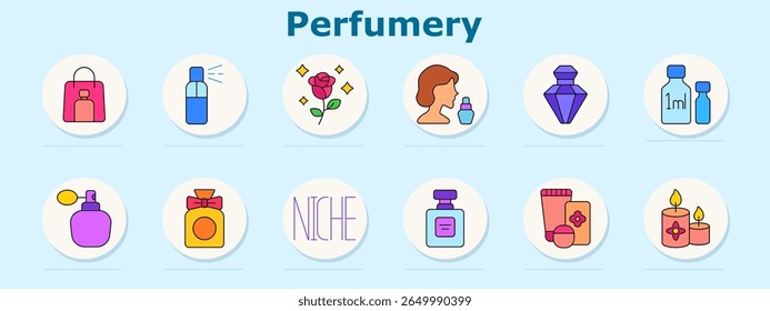 Ícone do conjunto de perfumaria. Mostra saco de compras, frasco de spray, aroma de rosa, perfil com perfume, garrafa de gema, frascos de mililitro, atomizador, garrafa de arco, etiqueta de nicho, garrafa quadrada, caixa do produto, velas perfumadas