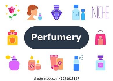Ícone do conjunto de perfumaria. Mostra saco de compras, frasco de spray, aroma de rosa, perfil com perfume, garrafa de gema, frascos de mililitro, atomizador, garrafa de arco, etiqueta de nicho, garrafa quadrada, caixa do produto, velas perfumadas