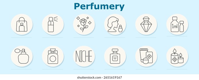 Ícone do conjunto de perfumaria. Mostra saco de compras, frasco de spray, aroma de rosa, perfil com perfume, garrafa de gema, frascos de mililitro, atomizador, garrafa de arco, etiqueta de nicho, garrafa quadrada, caixa do produto, velas perfumadas