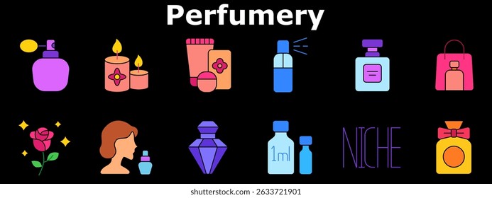 Ícone do conjunto de perfumaria. Garrafa de spray, velas perfumadas, embalagem cosmética, pulverizador aromático, garrafa de luxo, amostra tester, aroma de rosa, perfume de nicho, compras. Ícones multicoloridos