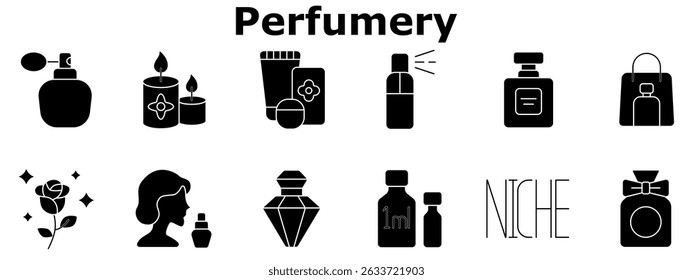 Ícone do conjunto de perfumaria. Garrafa de spray, velas perfumadas, embalagem cosmética, pulverizador aromático, garrafa de luxo, amostra tester, aroma de rosa, perfume de nicho, compras.