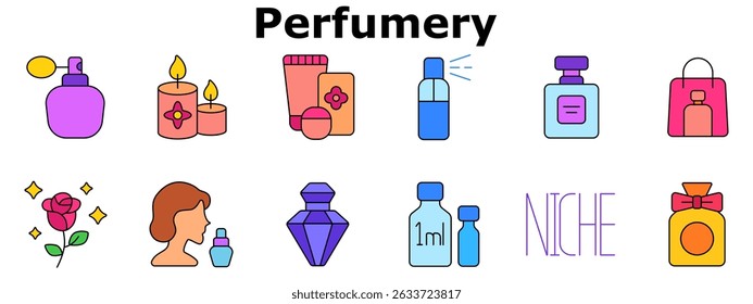 Ícone do conjunto de perfumaria. Garrafa de spray, velas perfumadas, embalagem cosmética, pulverizador aromático, garrafa de luxo, amostra tester, aroma de rosa, perfume de nicho, compras. Ícones multicoloridos