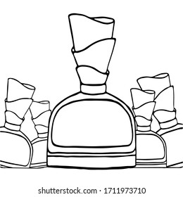 Perfumes bottles in outline sketch isolated on white background vector illustration. Doodle style. Perfumes Flacon Hand-drawn. Lider. For web, design packaging, cosmetic etc.