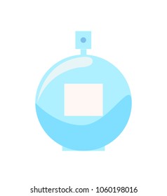 Perfumes in glass bottle of rounded shape and blue color, perfumes with label, fragrance and aroma vector illustration isolated on white background