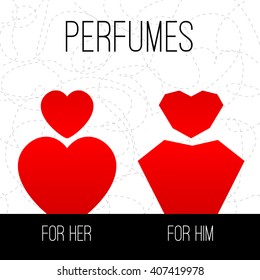 Perfumes for him and for her. Vector illustration. Flat style print.