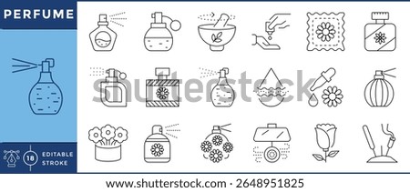 Perfumes icons set. Scent, package, bottle, flower, hanky, smell, good, and many more. Vector editable stroke.