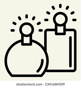 Icono de línea Perfumes. Símbolo de dos botellas de fragancia de perfume, pictograma estilo contorno sobre fondo beige. Firma Perfumery diseño web de concepto móvil. Gráficos vectoriales.